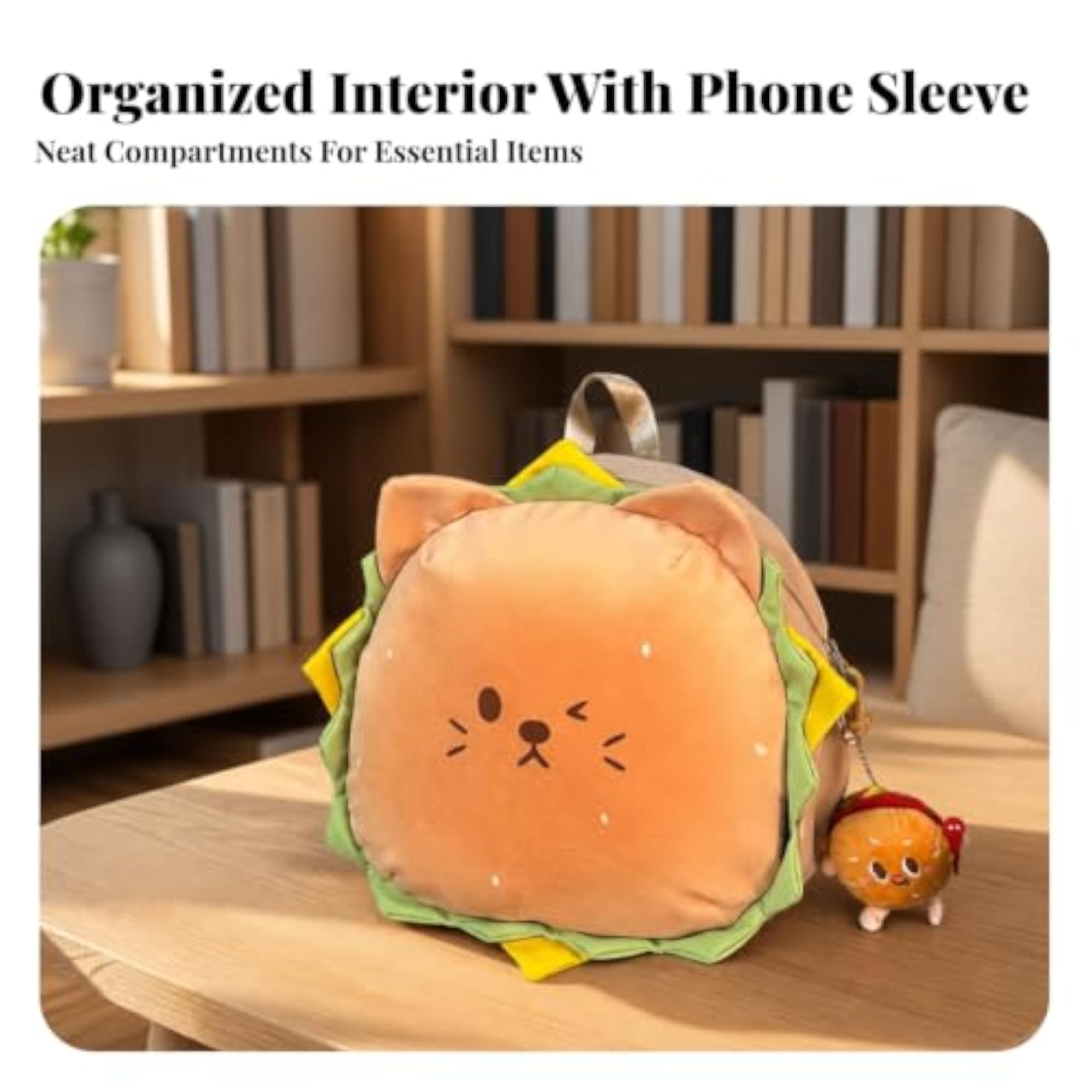 Cute Cat Backpack with Soft Toy Charm, Fun Hamburger Design